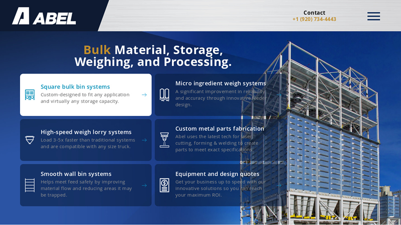 Industry-Leading Bulk Material Handling Equipment Design, Manufacturing & Supply | Free-flowing material plant design & construction | Remodel, system retrofit, multi-plant consolidation | Bulk material flow design consultants | Abel LLC Appleton, Wisconsin 54913