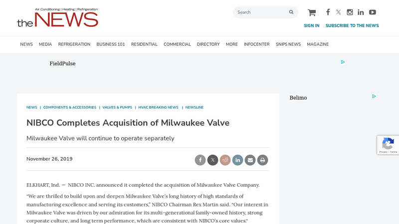 Image of NIBCO Completes Acquisition of Milwaukee Valve