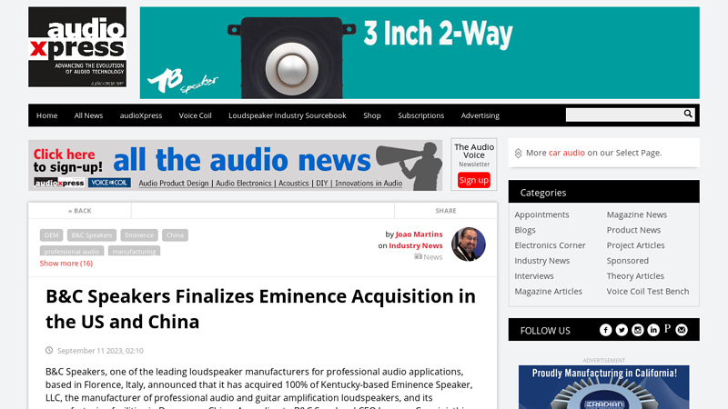 Image of B&C Speakers Finalizes Eminence Acquisition in the US and China