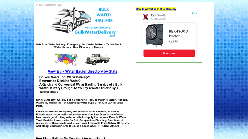 USA State Directory of Bulk Water Haulers. Pool Water Delivery near me. Tenders, Emergency Drinking Supplies, Potable Water. Disaster Relief Services. Soil compaction and dust control. Fire Suppression. Cistern filling, Level checker, level monitoring ser