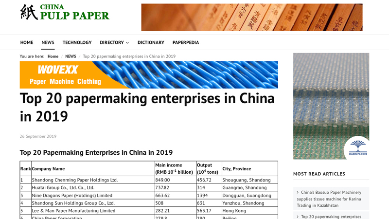 Image of Top 20 papermaking enterprises in China in 2019