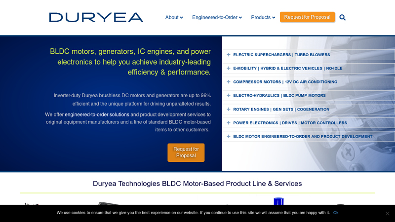 Duryea Technologies makes BLDC motors/generators, brushless DC alternators, rotary engines, and electronics with industry-leading efficiency and performance. We offer engineered-to-order BLDC-motor-based solutions for the automotive, aerospace, heavy equipment, machinery, and process industries. A line of standard BLDC motors, hydraulic power units, gen sets, and products packaged with our brushless DC motors is available to end-users.