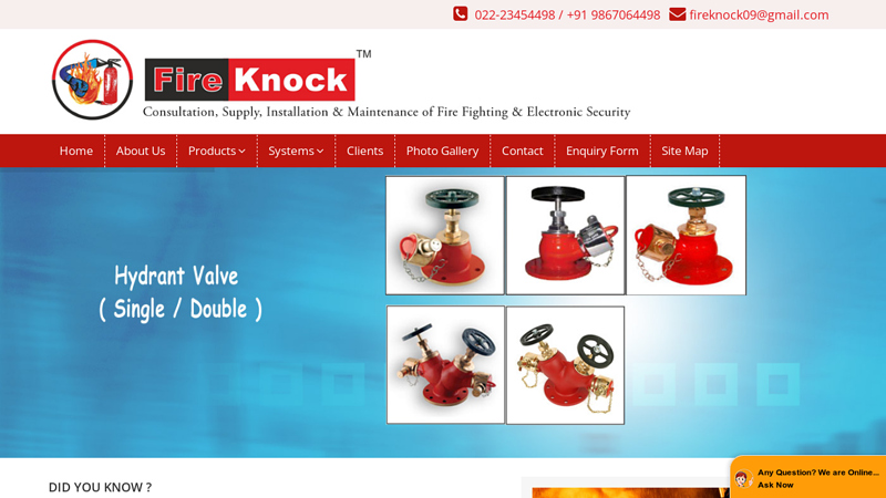 Fire Fighting Equipments, Fire Extinguishers, Hydrant Valve, Sprinklers, Mumbai, India