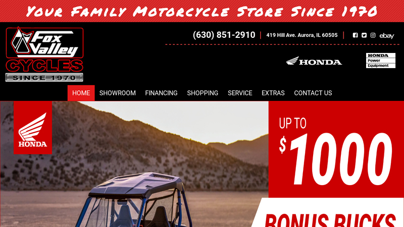 Fox Valley Cycles is located in Aurora, IL. | New and Used Inventory for Sale | Honda, Kawasaki, Suzuki and Yamaha models.