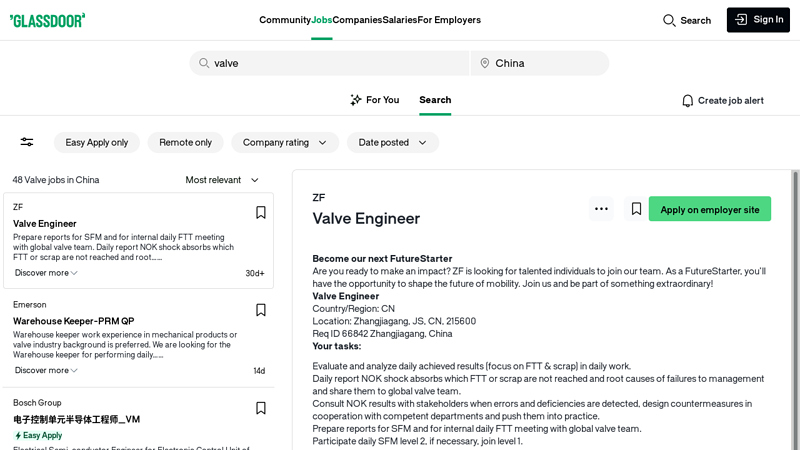 Image of 43 valve Jobs in China, July 2024 | Glassdoor