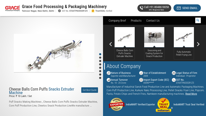 Grace Food Processing & Packaging Machinery - Manufacturer of Granules Packing Machines & Puff Snacks Food Extruder from New Delhi