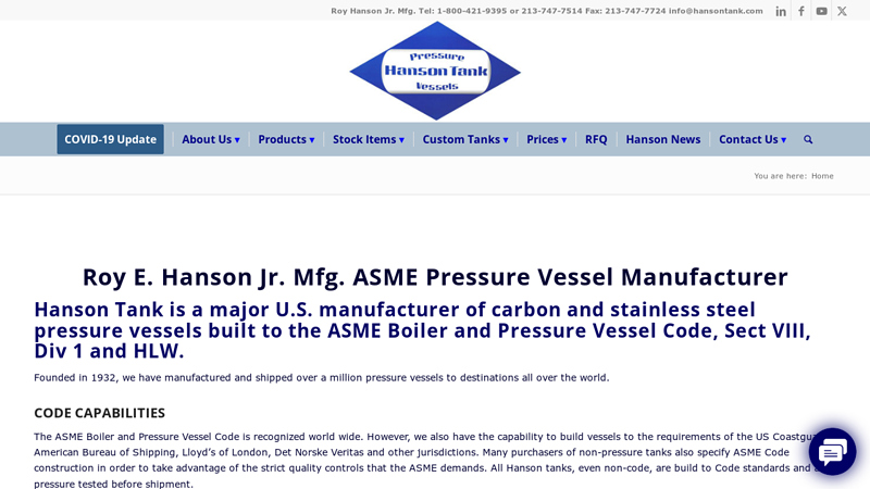 ASME Pressure Vessel Manufacturer in the US | Hanson Tank