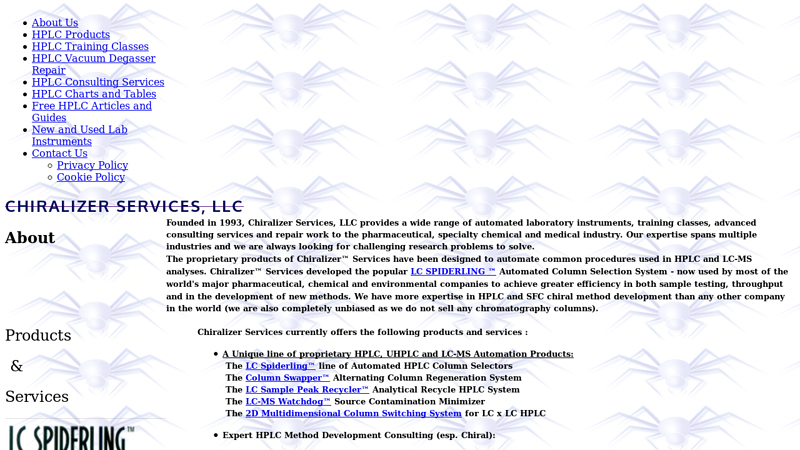 Chiralizer Services, LLC Analytical Instruments for HPLC, UHPLC, LC-MS, LC/MS, Column Selection, Column Selector, Column Switcher, Column Switching, Valve Switching, Agilent HPLC Training, HPLC Consulting, Automated Method Development, Chiral HPLC, ChemStation Training, HPLC Expert, Vacuum Degasser Errors, Automated HPLC Valves, UHPLC, Degasser Repair Services, G1322A, G1379A, G1379B