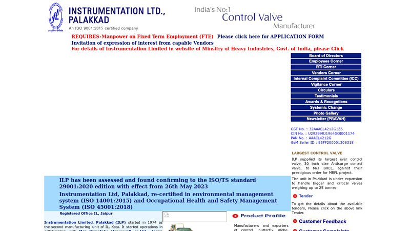 Instrumentation Limited, Palakkad, Kerala, India - Manufacturers and exporters of control, butterfly, globe, safety relief, bellows sealed, engineering, angle, high pressure valves and actuator, instrumentation, transmitter, desuper heater, power cylinder, orifice, cavitation and positioner