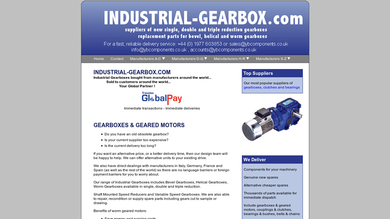 Industrial-Gearbox.com : Suppliers of new single, double and triple reduction gearboxes. Replacement parts for bevel, helical and worm gearboxes