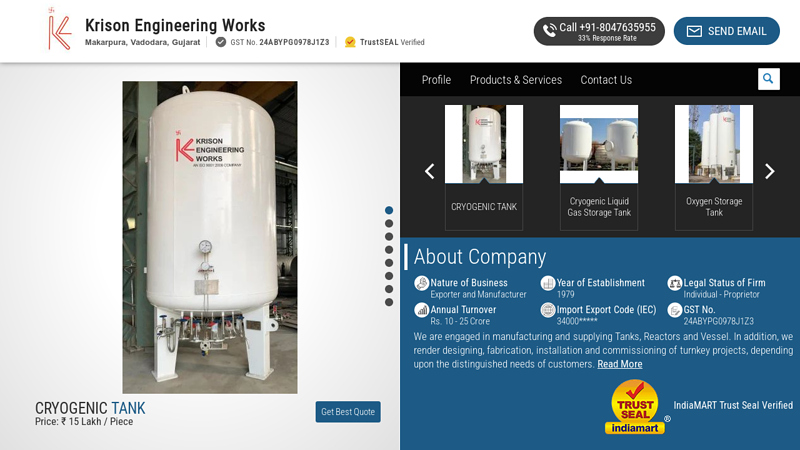 Manufacturer of Storage Tanks & Cryogenic Tanks by Krison Engineering Works, Vadodara