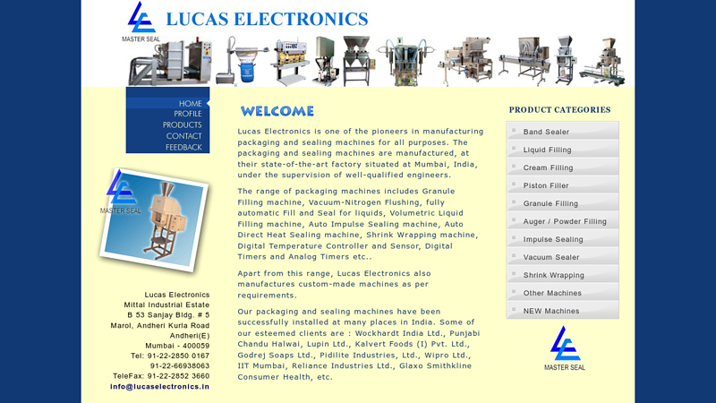 Filling Packaging Sealing Machines Manufacturers ? Mumbai, India ? Granule Filling, Vacuum Filling, Shrink Wrapping, Band Sealers manufacturers - Lucas Electronics