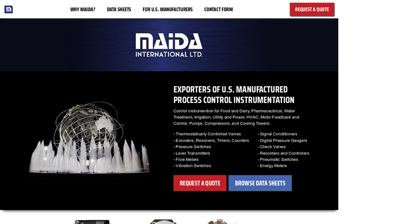 Maida Intl | Exporter of U.S. Manufactured Process Controls from Robertshaw, Danaher Controls, Partlow, West, LFE, Rustrak, Eagle Signal Controls, Veeder-Root, Harowe, Northstar, Dynapar, Hengstler, Data Industrial, Anderson, Barksdale Control Products, Absolute Process Instruments, Check-All Valve, API-Camille Bauer. ControlAir, CECOMP Electronics, Dwyer Instruments, Building Automation Products, Functional Devices and WIKA