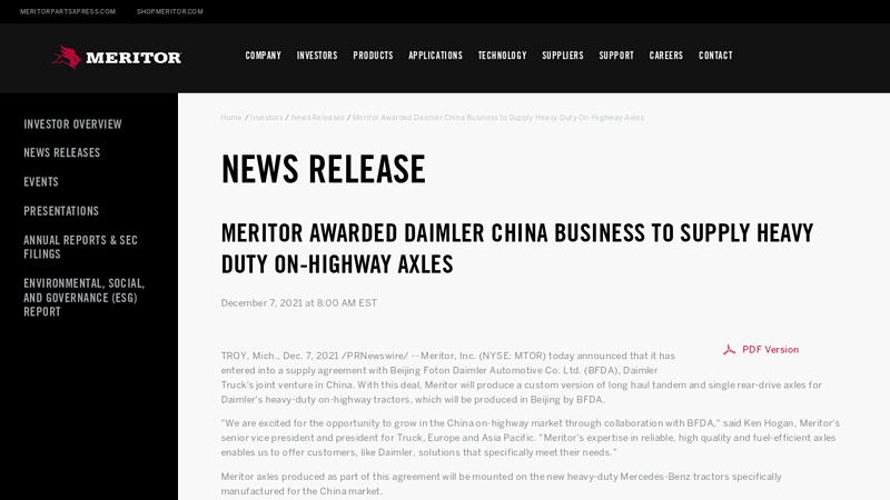 Image of Meritor Awarded Daimler China Business to Supply Heavy Duty On-Highway ...