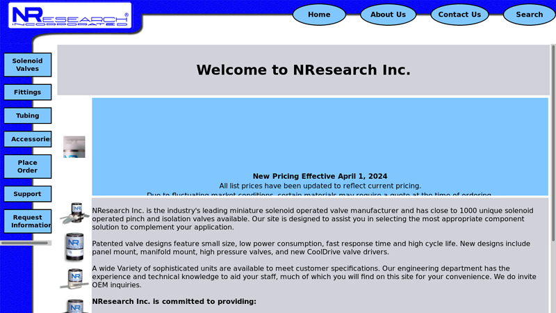 NResearch Inc.; Instrument grade Pinch Valves and Inert Isolation Valves, Solenoid operated.