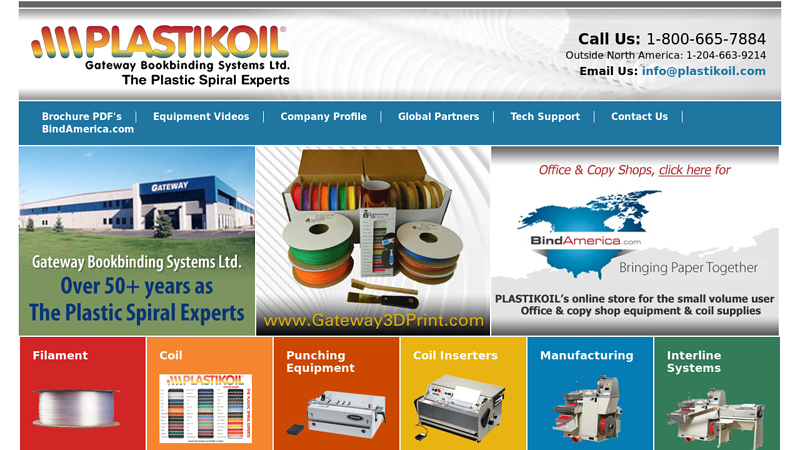 Plastikoil spiral binding equipment, plastic coil binding machines, 1 (800) 665-7884. Plastic coil book binding systems. Outside North America call 1 (204) 663-9214.