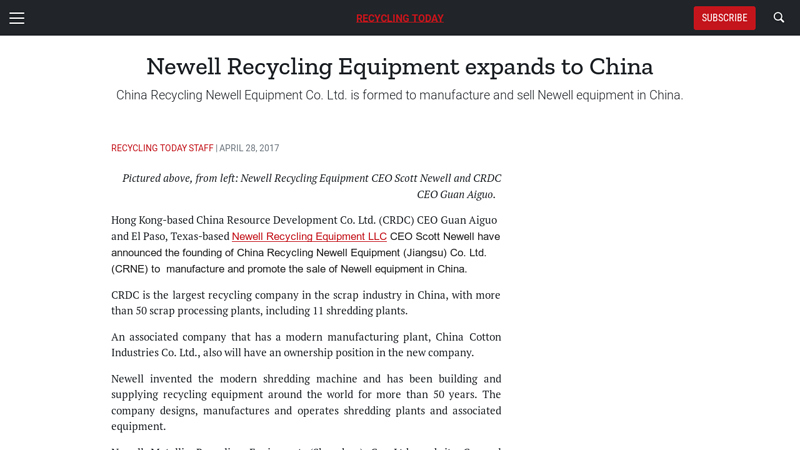 Image of Newell Recycling Equipment expands to China