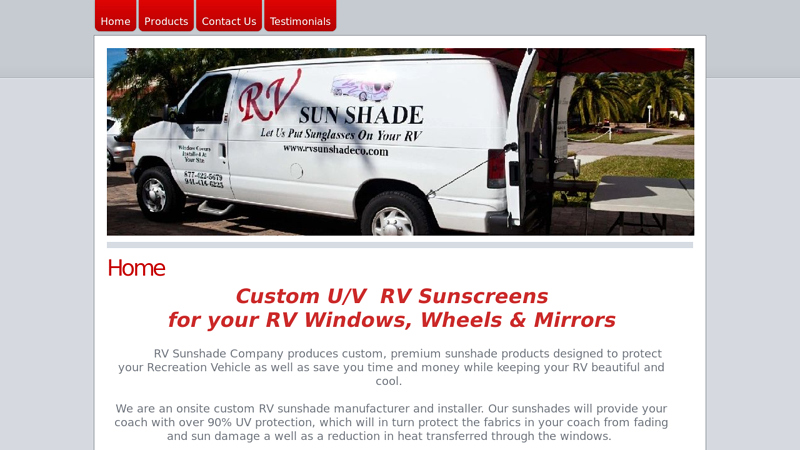 RV Sunshade Company for RV Sunscreens, Wheel Covers, Mirror Covers and Awning Drops. Custom UV protection for your RV, manufacturered and installed onsite.