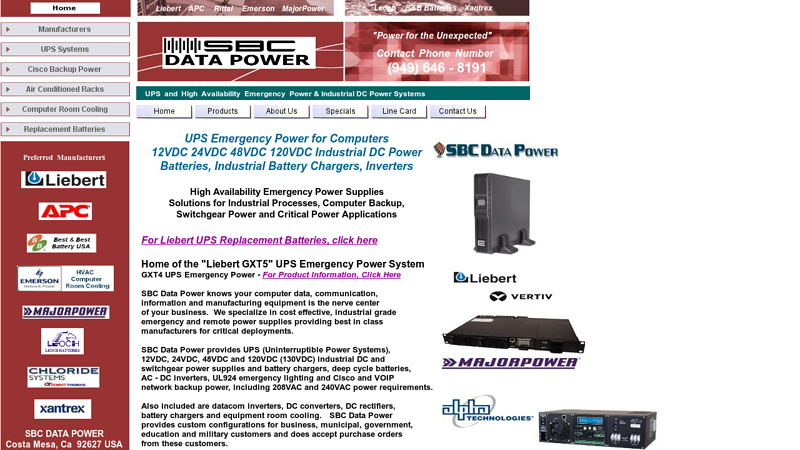 SBC Data Power - UPS Emergency Power, DC Power Supplies, Liebert, Majorpower, Newmar, ICT, Alpha Technologies, 12VDC, 24VDC, 48VDC, 120VDC, 130VDC, batteries, industrial, municipal, battery chargers, inverters, datacom power