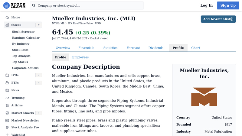 Image of Mueller Industries, Inc. (MLI) Company Profile & Overview