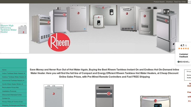 Energy Efficient Rheem Tankless On-Demand Hot Water Heaters, Best Instant On and Endless Hot Eco Friendly Rheem Tankless Inline Water Heaters, at Cheap Discount Online Sales Prices