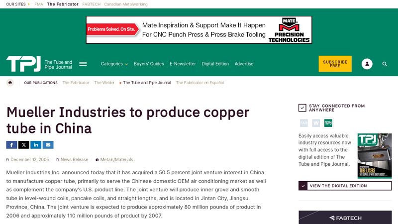 Image of Mueller Industries to produce copper tube in China