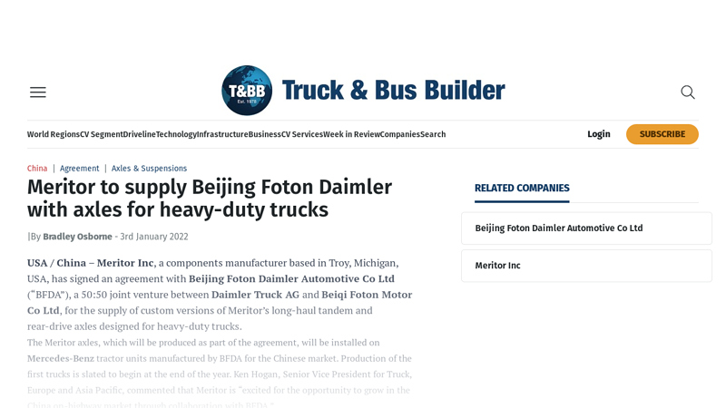 Image of Meritor to supply Beijing Foton Daimler with axles for heavy-duty trucks