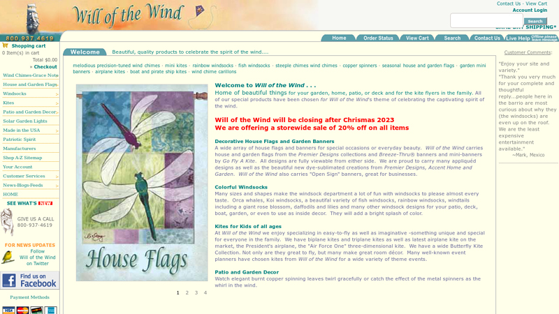 Will of the Wind Chimes, Banners, Windsocks, , Kites 20% off all; Will of the Wind Flags|Kites|Windsocks; Customer Comments