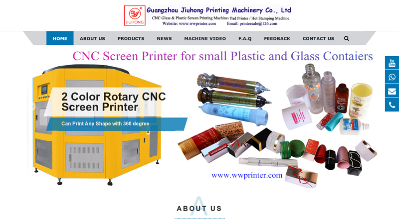 Guangzhou Jiuhong Printing Machinery Co.,Ltd. - Automatic Silk Screen Printing Machine,Glass Bottle Screen Decorating machine,CNC Bottle Screen Printer,Full Servo Container Screen Printer,Automatic Hot Stamping Machine,Screen Printer Factory,Plastic & glass screen printing solutions designer